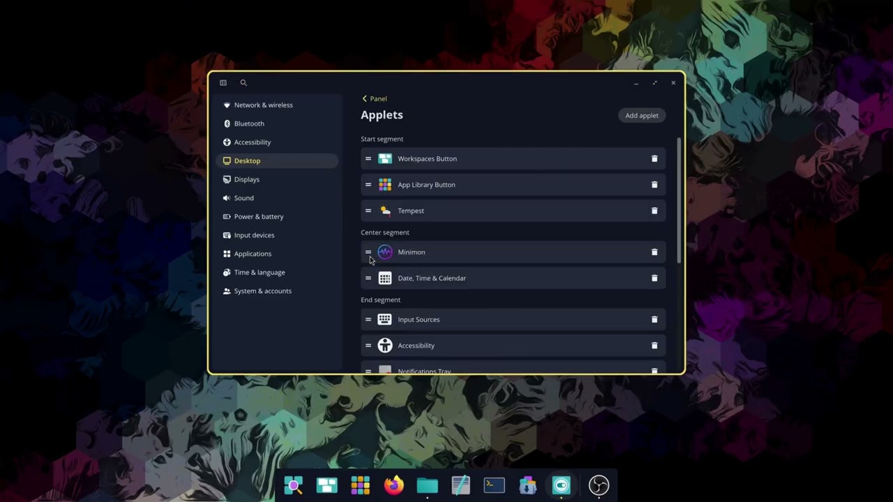 On the Applets page in COSMIC Store, this user installs a resource monitor, weather applet, and dictionary to their top panel. They just click on the applet and the information needed is immediately available to them.