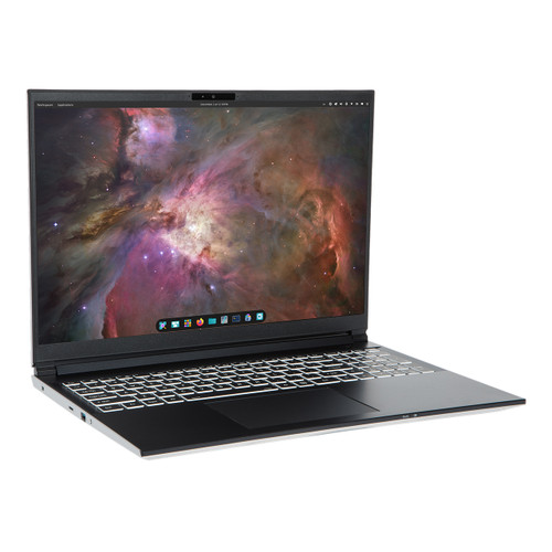 The Oryx Pro laptop open at a quarter angle
