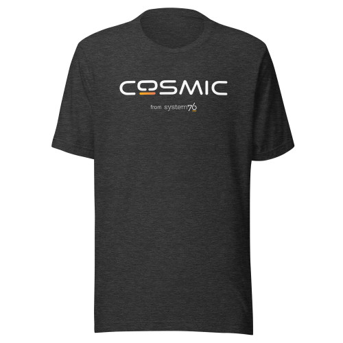 COSMIC dark grey heathered t-shirt with COSMIC logo on front of shirt.