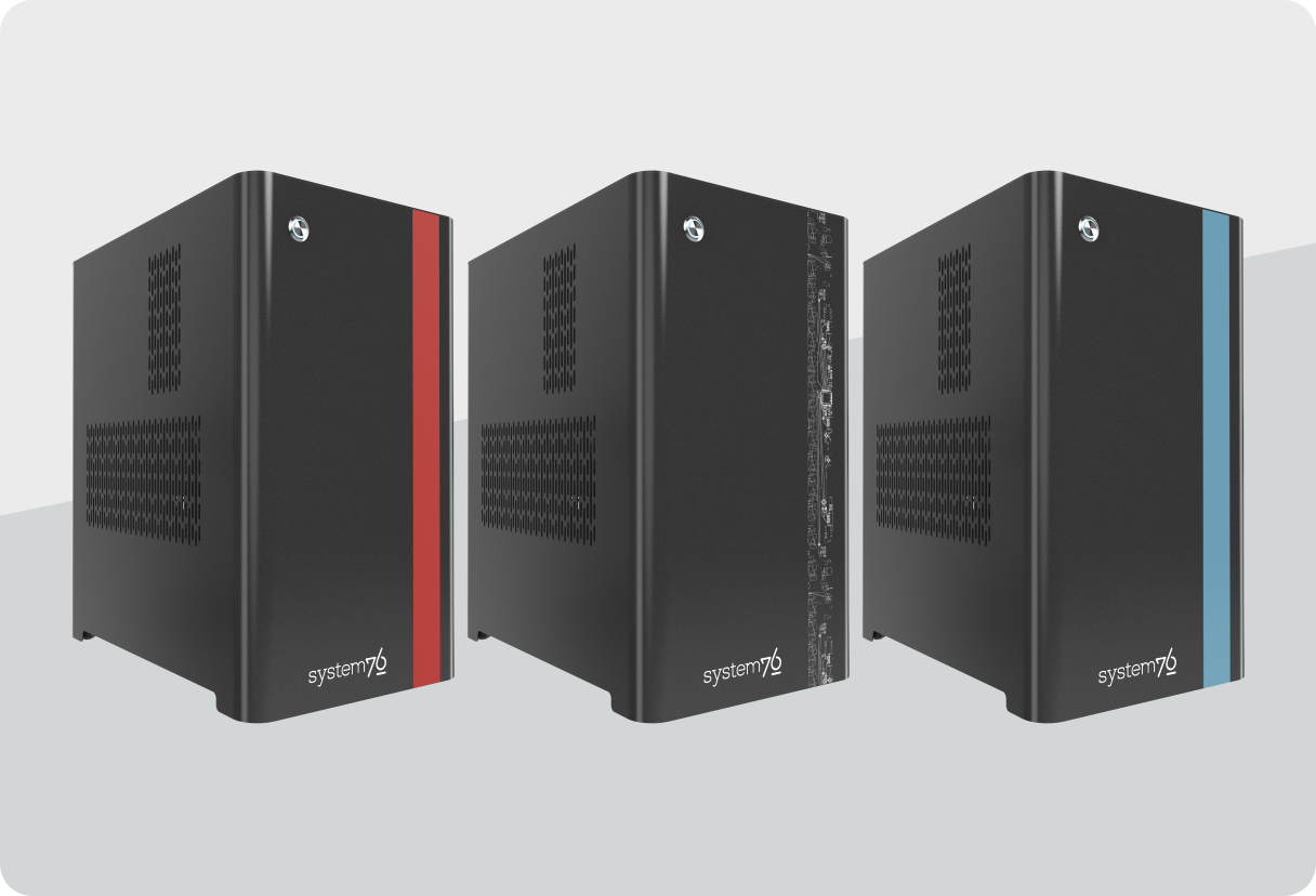 multiple desktops with different accent colors: red,  black with white PSB etches, and blue