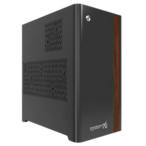 Thelio Mega with a walnut accent turned quarter to the right.