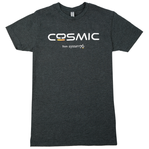 COSMIC dark grey heathered t-shirt with COSMIC logo on front of shirt.