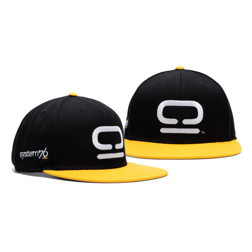 COSMIC hat with yellow bill and black cap and COSMIC logo mark in the front