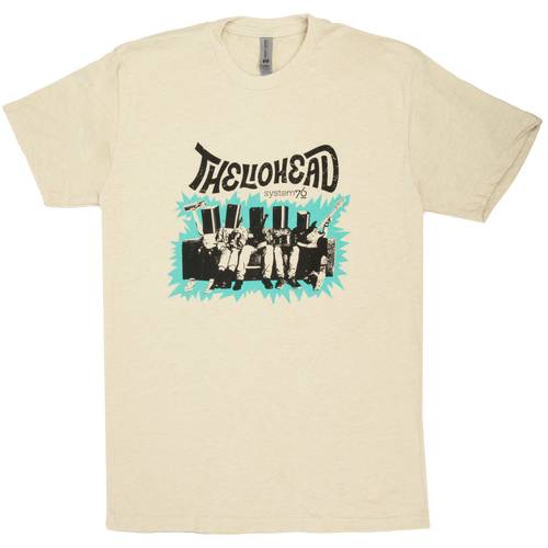 Off white heathered shirt with Theliohead logo and band members